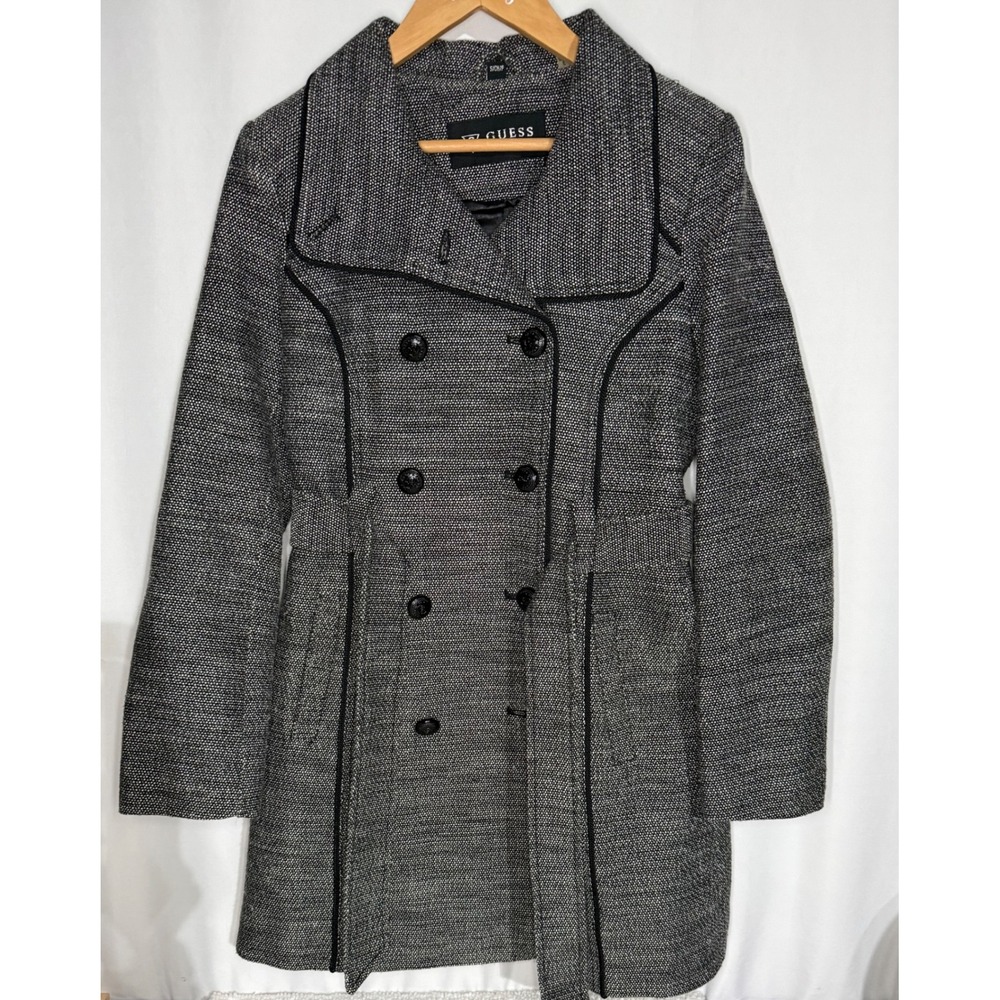 Guess Los Angeles Womens Tweed Double Breasted Belted Pea Coat Black White Small